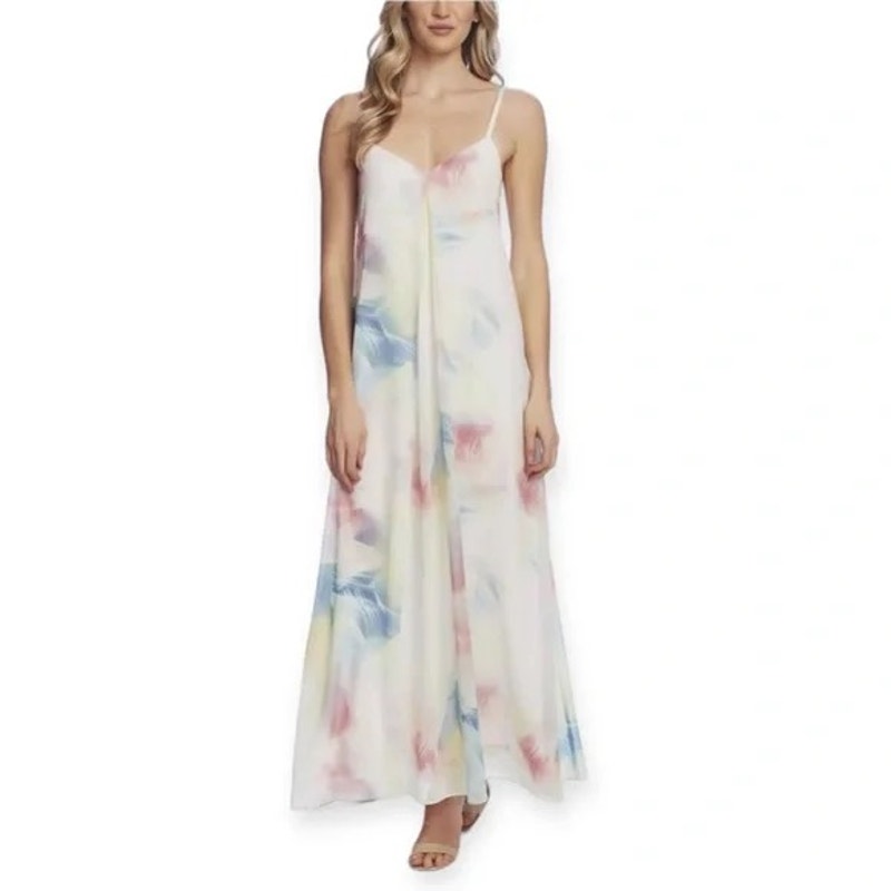 Vince Camuto Sleeveless V-Neck Watercolor Print Chiffon Flowing Maxi Dress